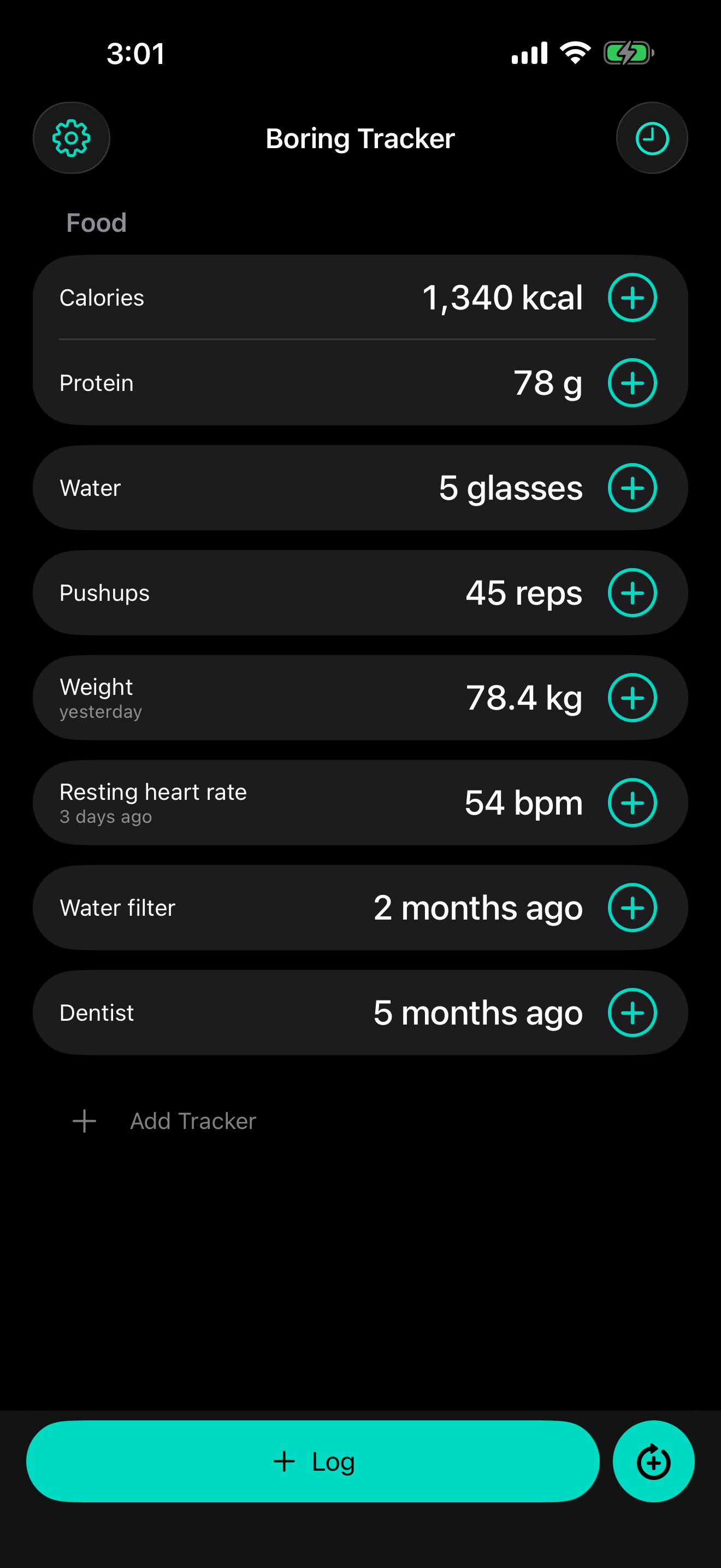 The home screen: daily calories and protein, latest weight, and how long since the last filter change.